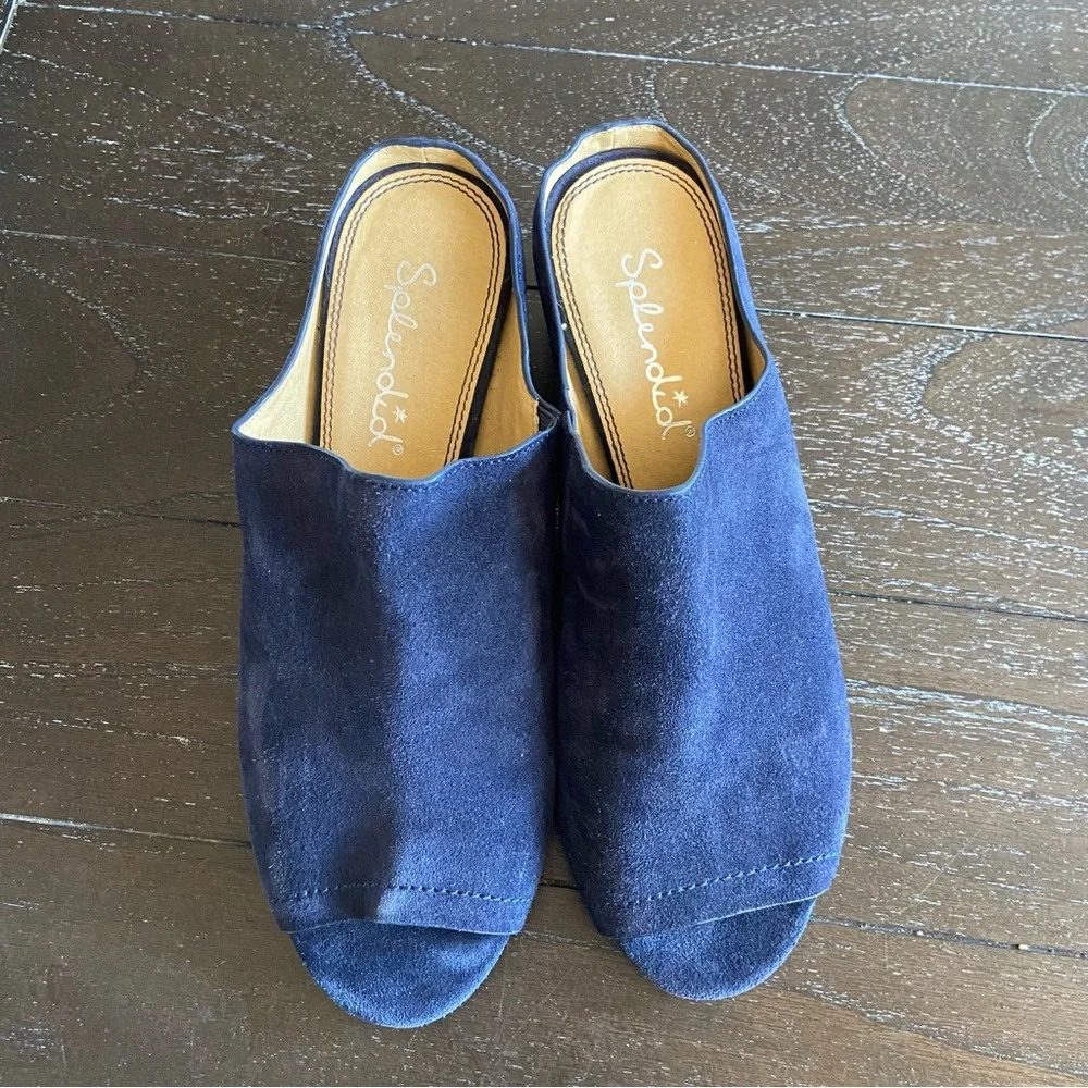 Splendid Navy‎ Blue Suede Leather Peep Toe Mules Sandals Heels Size 10